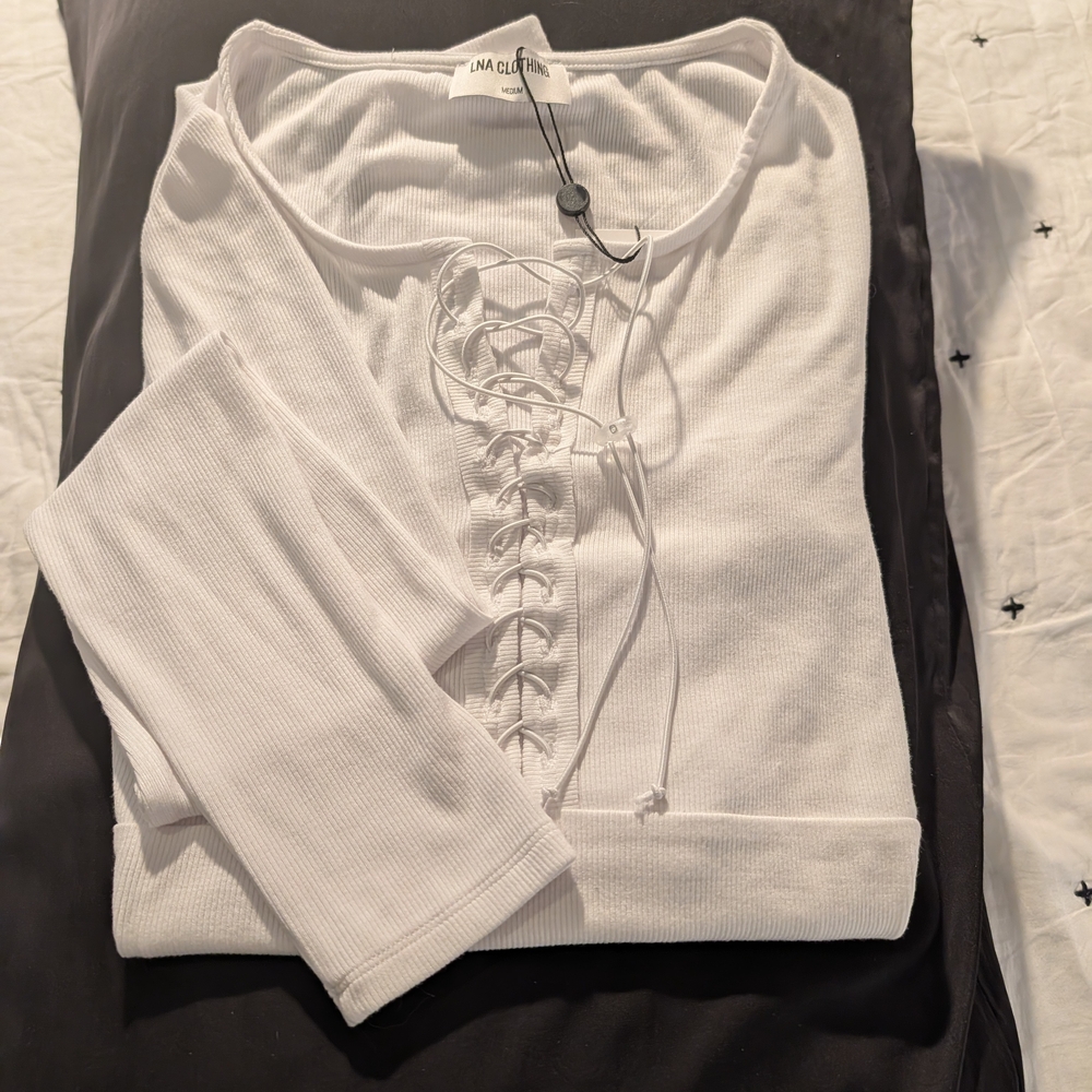 LNA White Lace-Up Long Sleeve Top